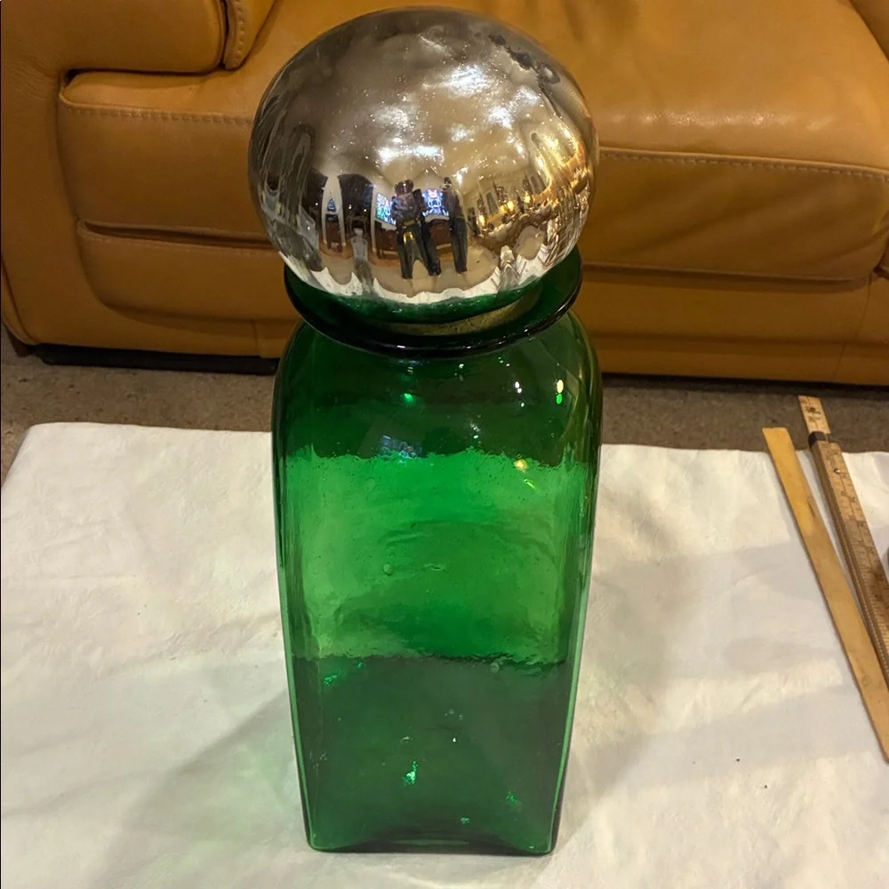 Green Glass Container/VaseHuge NWOT Silver Lid Cork Stopper use for Pantry Pasta